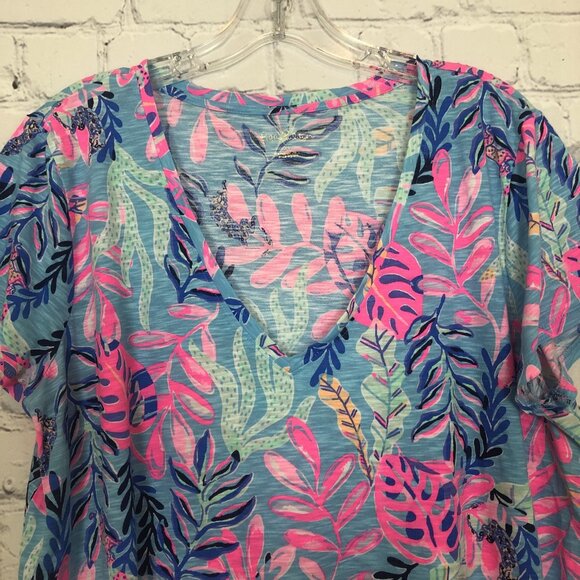 Lilly Pulitzer Etta V Neck Size XL Porto Blue Youve Been Spotted - Picture 2 of 8